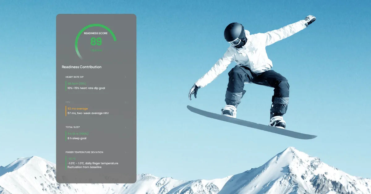 person på snowboard, pluss skjermbilde fra Inspiring app